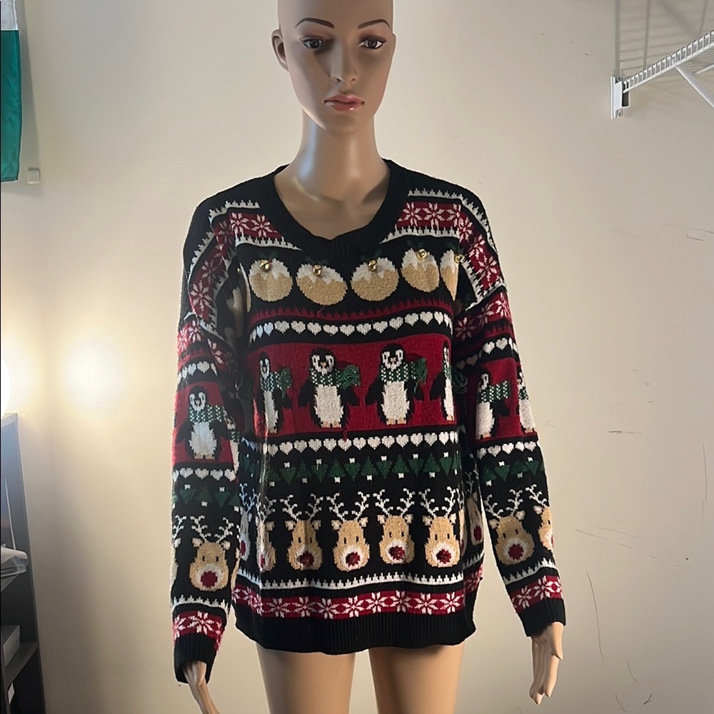 New Look Holiday Chrismas V-Neck Sweater - Black, Red, Green, White, Gold (#3)